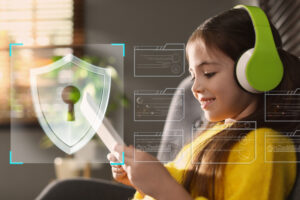 Child,safety,online.,little,girl,using,tablet,at,home.,illustration
